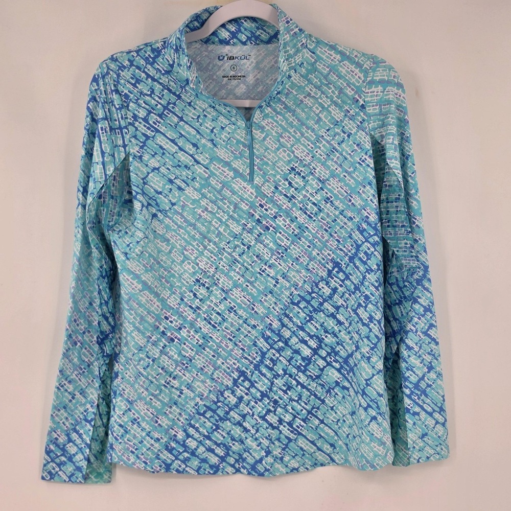 IBKUL Quarter Zip‎ Pullover Womens Small Blue Geometric Long Sleeve Golf Top